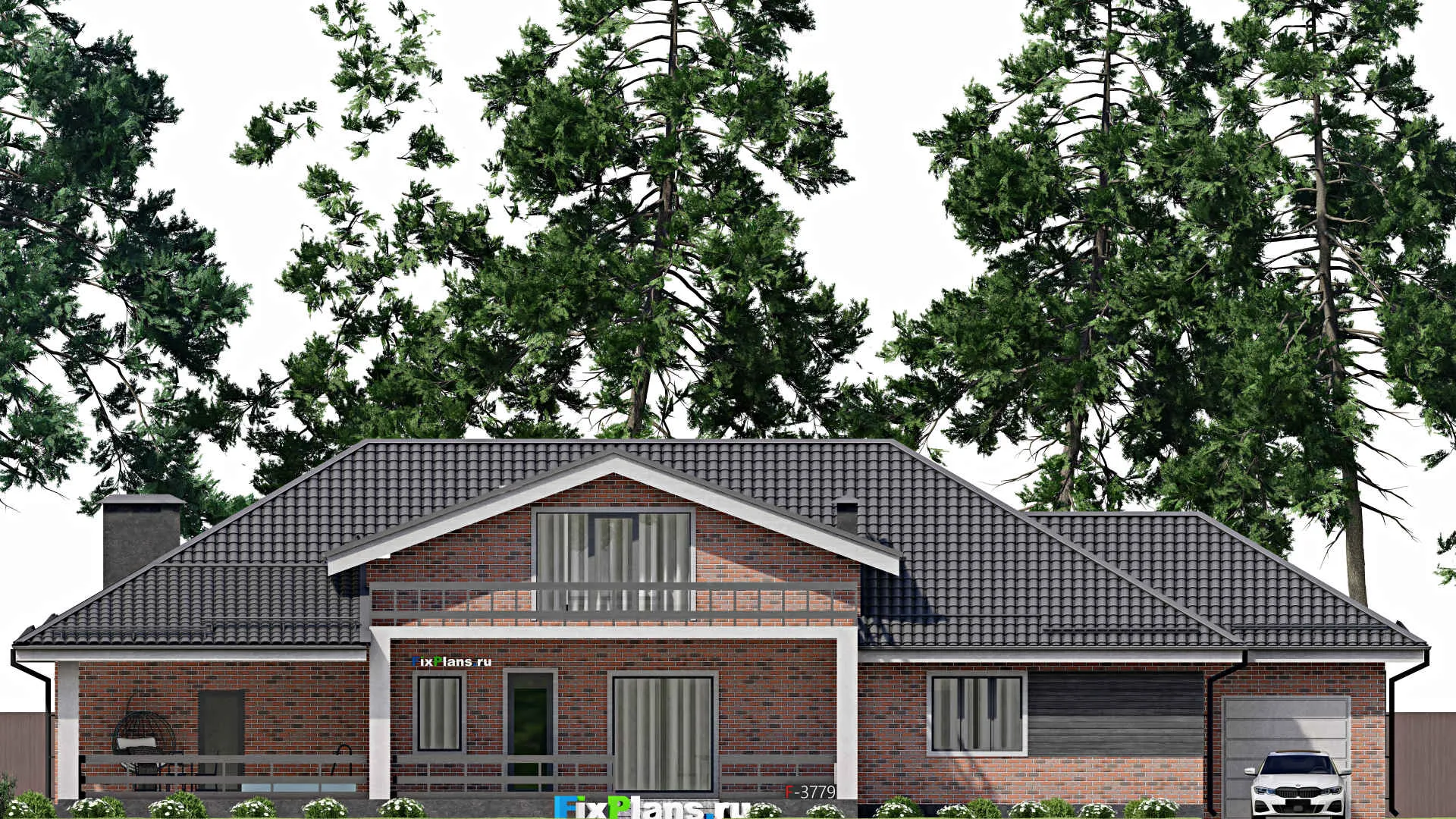 F-3779 - Проект дома с мансардой 15 на 26, площадью 400 м² с террасой, балконом, баней, гаражом на 1 машину и 3 спальнями