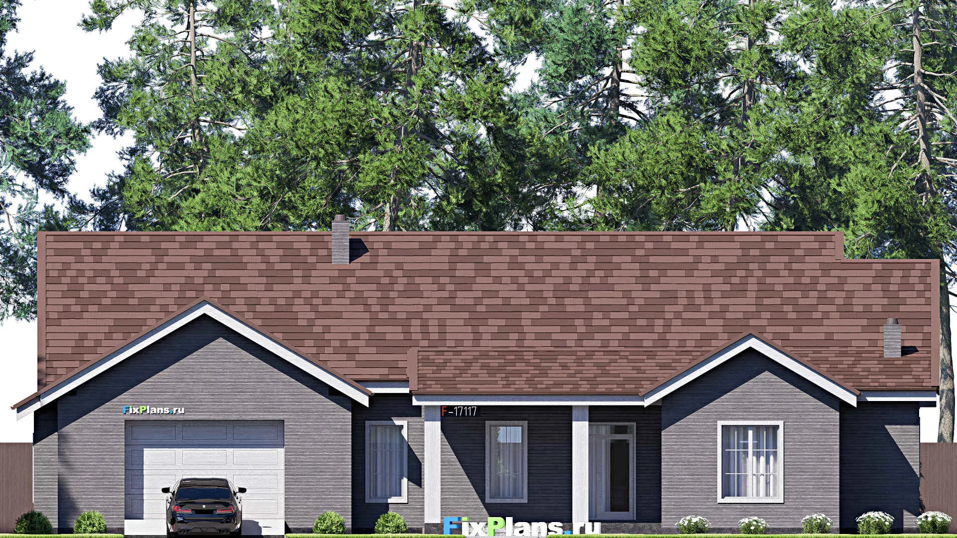 F-17117 - План одноэтажного дома 18 на 23, площадью 270 м² с террасой, гаражом на 2 машины и 4 спальнями