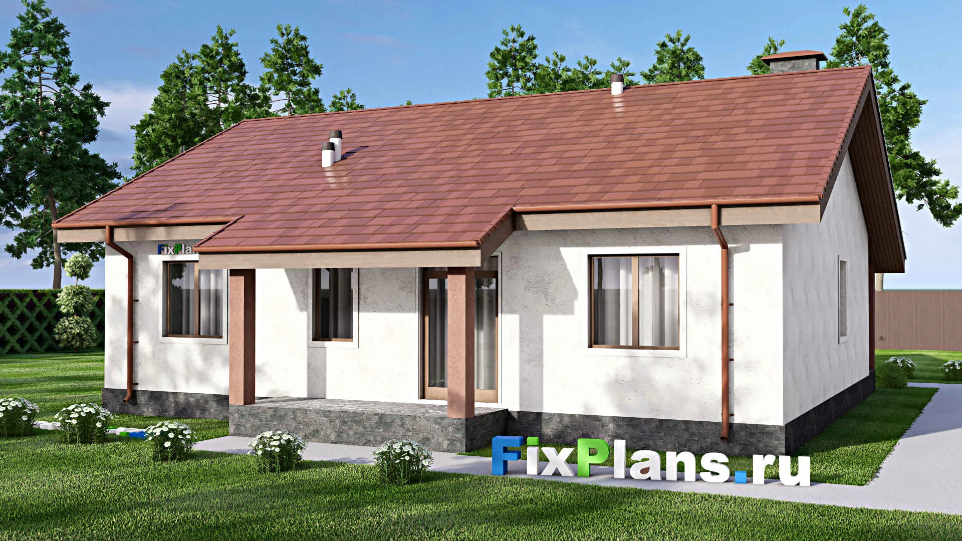 F-13535 - Проект одноэтажного дома 13 на 14, площадью 130 м² с террасой и 3 спальнями