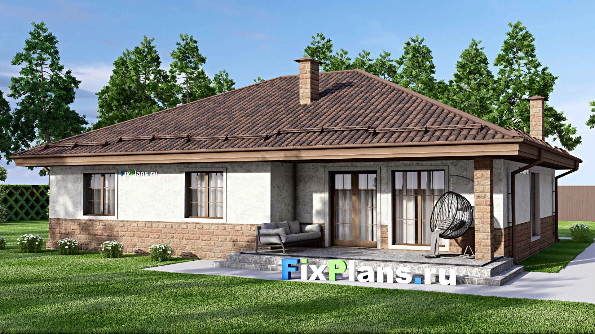 F-14300 - Проект одноэтажного дома 15 на 16, площадью 170 м² с террасой и 3 спальнями