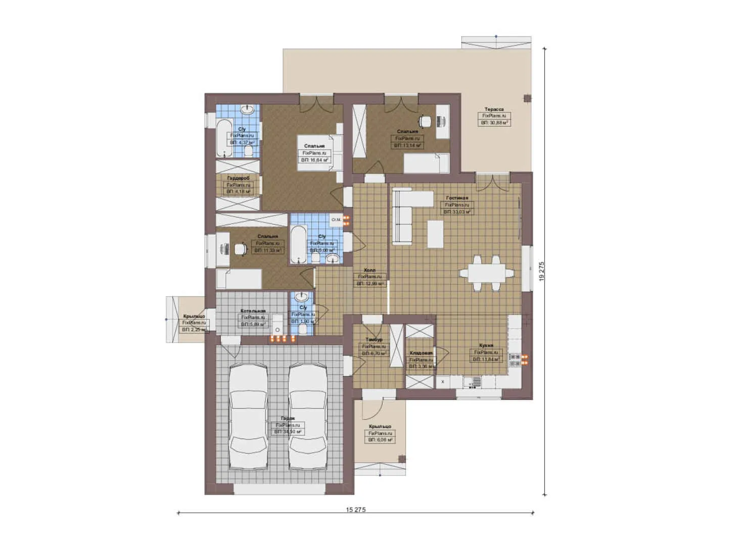 F-16964 - План одноэтажного дома 16 на 20, площадью 210 м² с террасой, гаражом на 1 машину и 3 спальнями