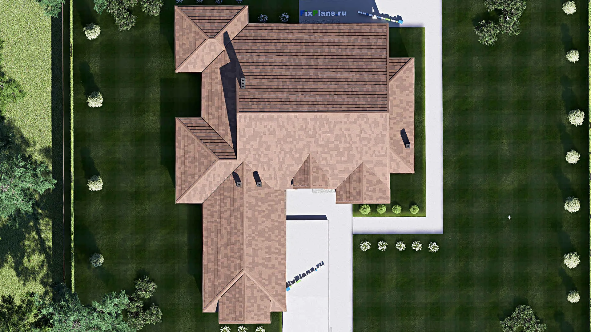 F-17090 - Проект одноэтажного дома 21 на 28, площадью 310 м² с террасой, гаражом на 2 машины и 4 спальнями