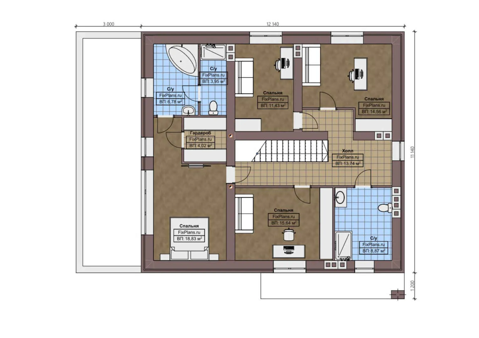 F-1412 - Планы двухэтажного дома 12 на 13, площадью 250 м² с террасой, баней и 5 спальнями