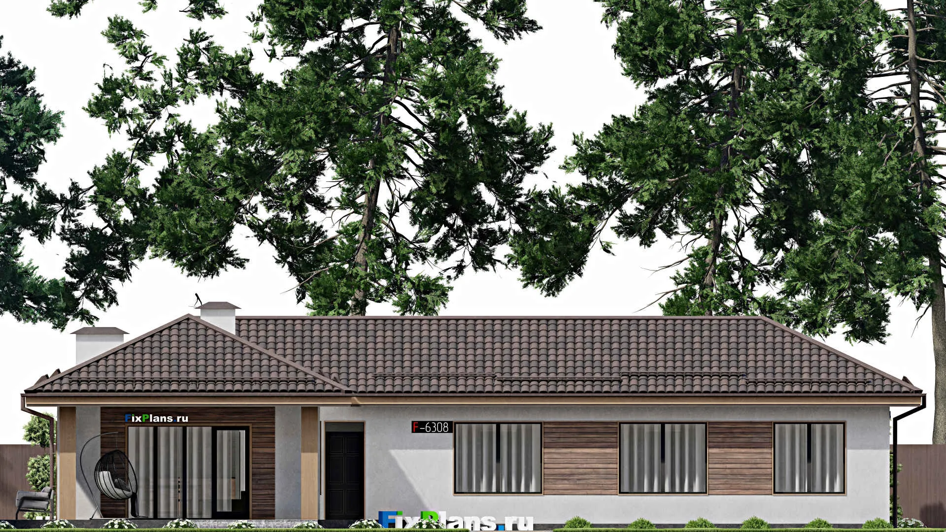 F-6308 - Проект одноэтажного дома 15 на 21, площадью 190 м² с террасой и 4 спальнями