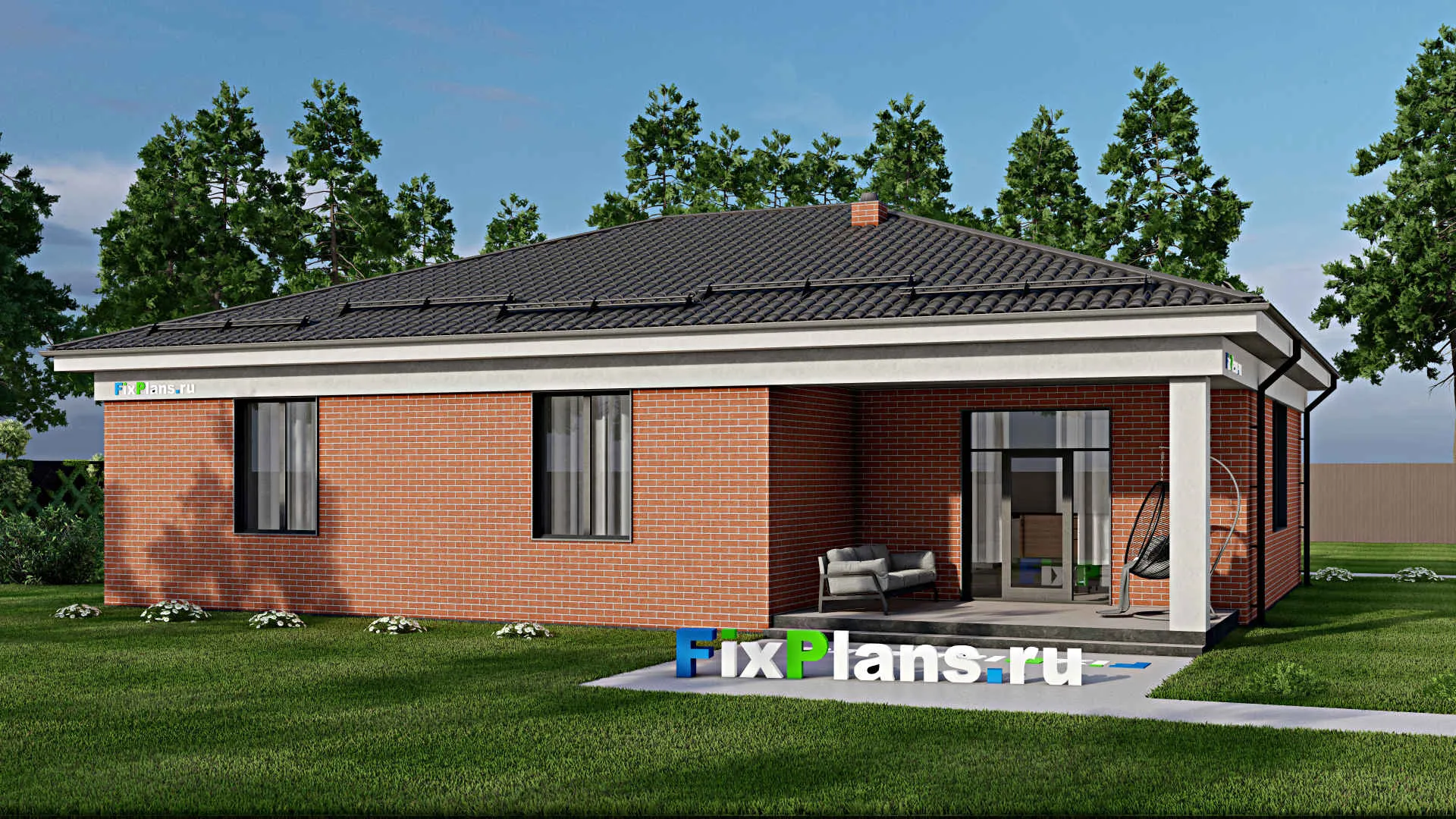 F-3464 - Проект одноэтажного дома 16 на 17, площадью 190 м² с террасой и 3 спальнями