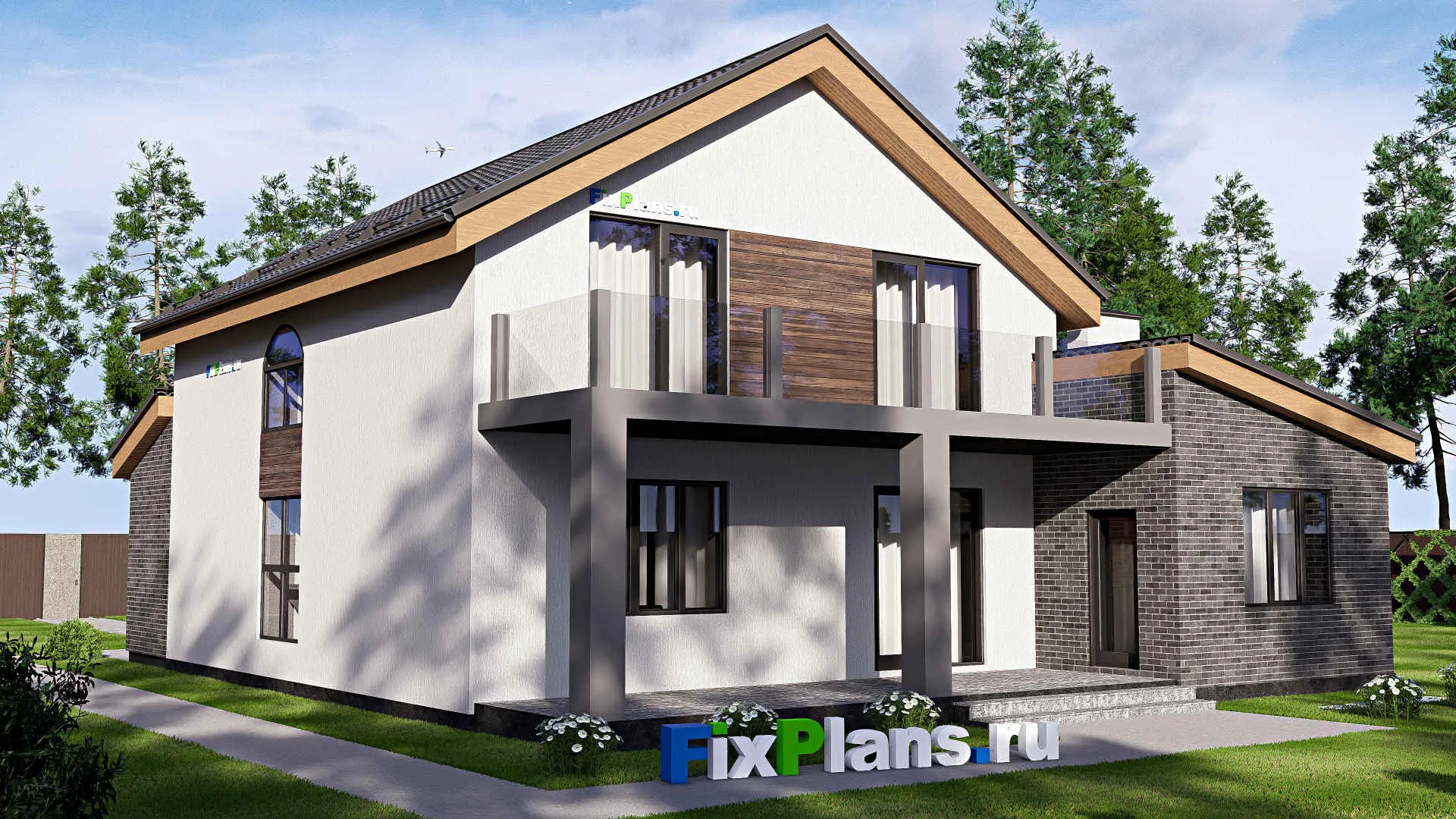 F-17774 - Проект дома с мансардой 14 на 16, площадью 270 м² с террасой, балконом, гаражом на 1 машину и 4 спальнями