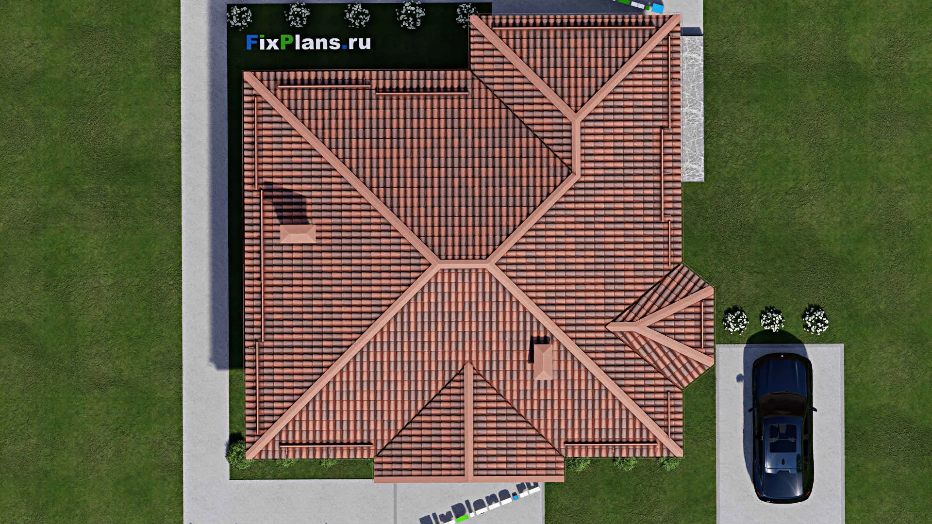 F-8648 - Проект одноэтажного дома 14 на 15, площадью 130 м² с террасой и 3 спальнями