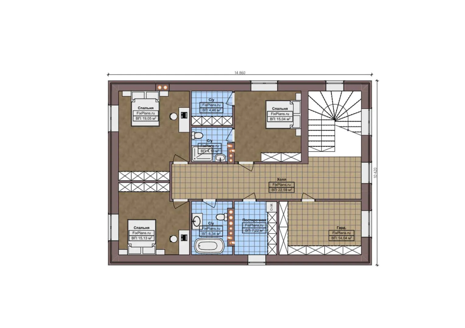 F-1565 - Планы двухэтажного дома 12 на 23, площадью 290 м² с гаражом на 2 машины и 4 спальнями