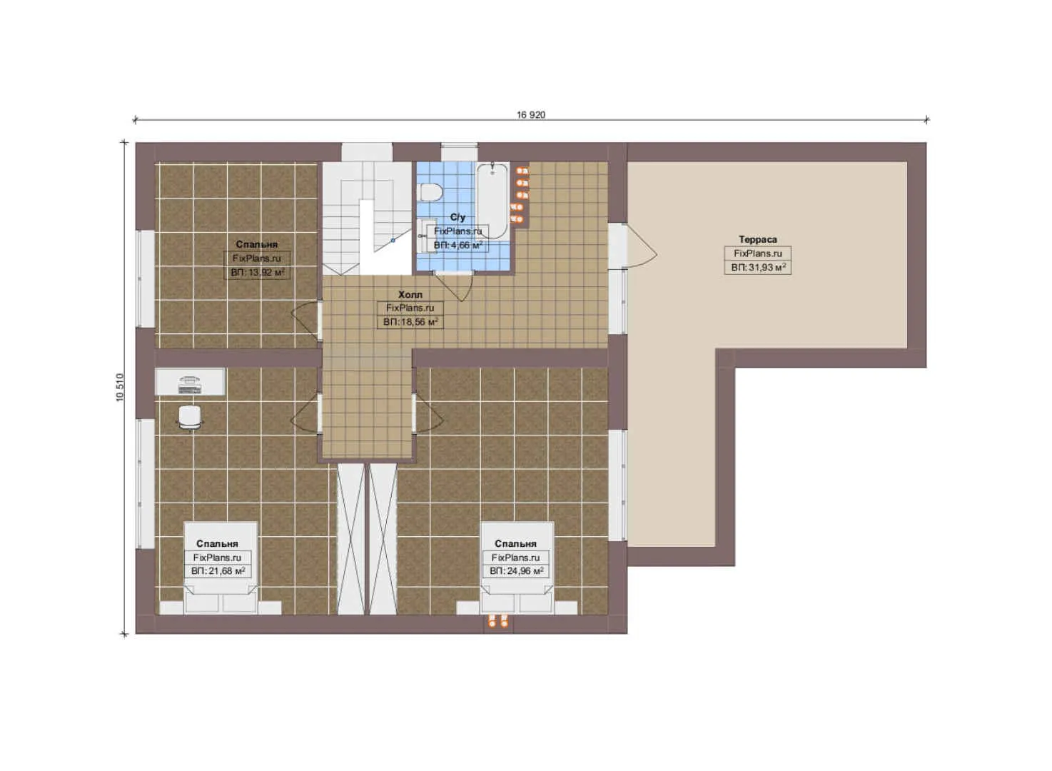 F-13256 - Планы дома с мансардой 11 на 17, площадью 240 м² с террасой, гаражом на 1 машину и 4 спальнями