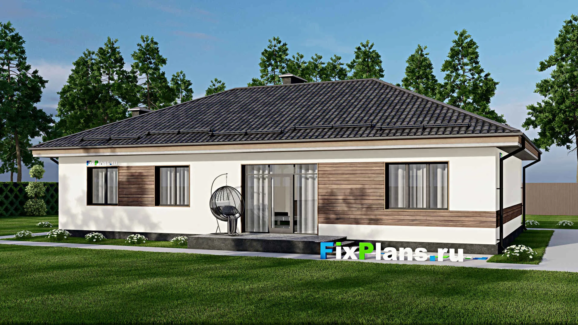 F-5642 - Проект одноэтажного дома 11 на 18, площадью 170 м² с террасой и 5 спальнями