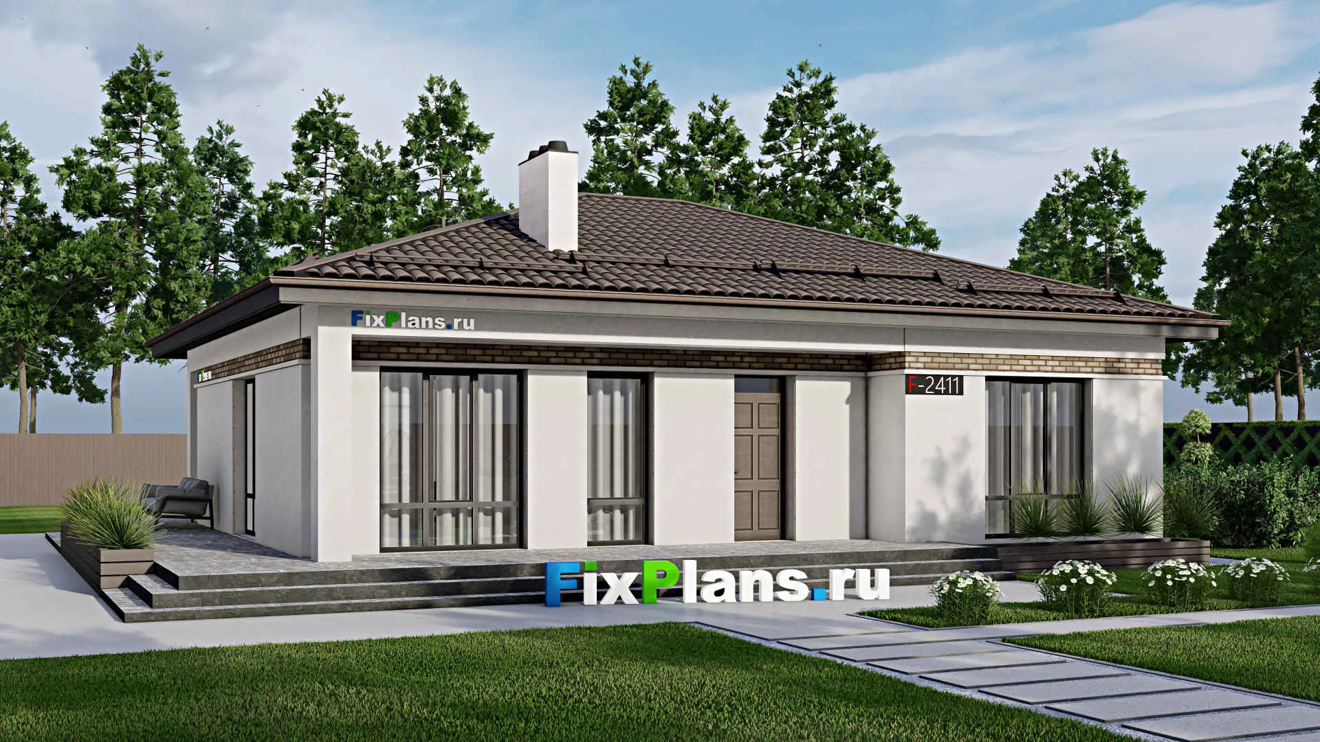 F-2411 - Проект одноэтажного дома 12 на 14, площадью 170 м² с террасой и 3 спальнями