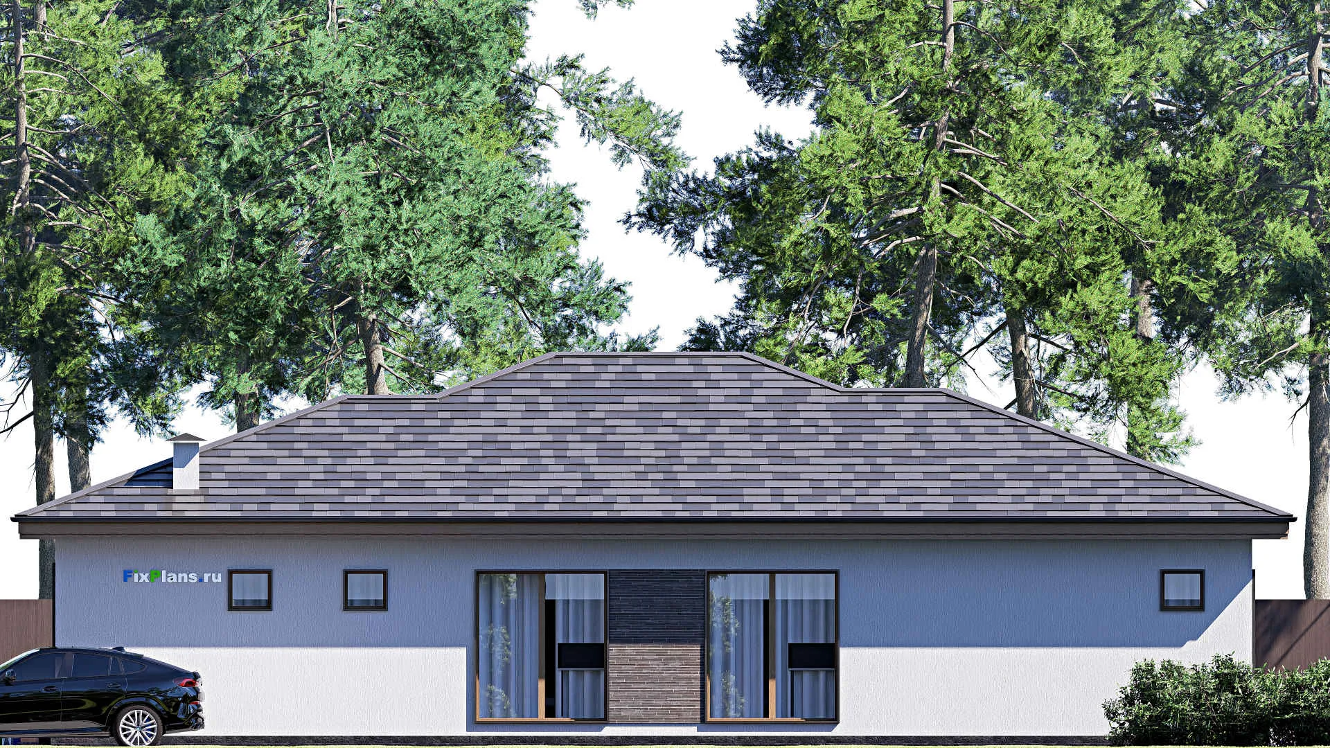 F-19565 - Проект одноэтажного дома 13 на 19, площадью 190 м² с террасой и 5 спальнями