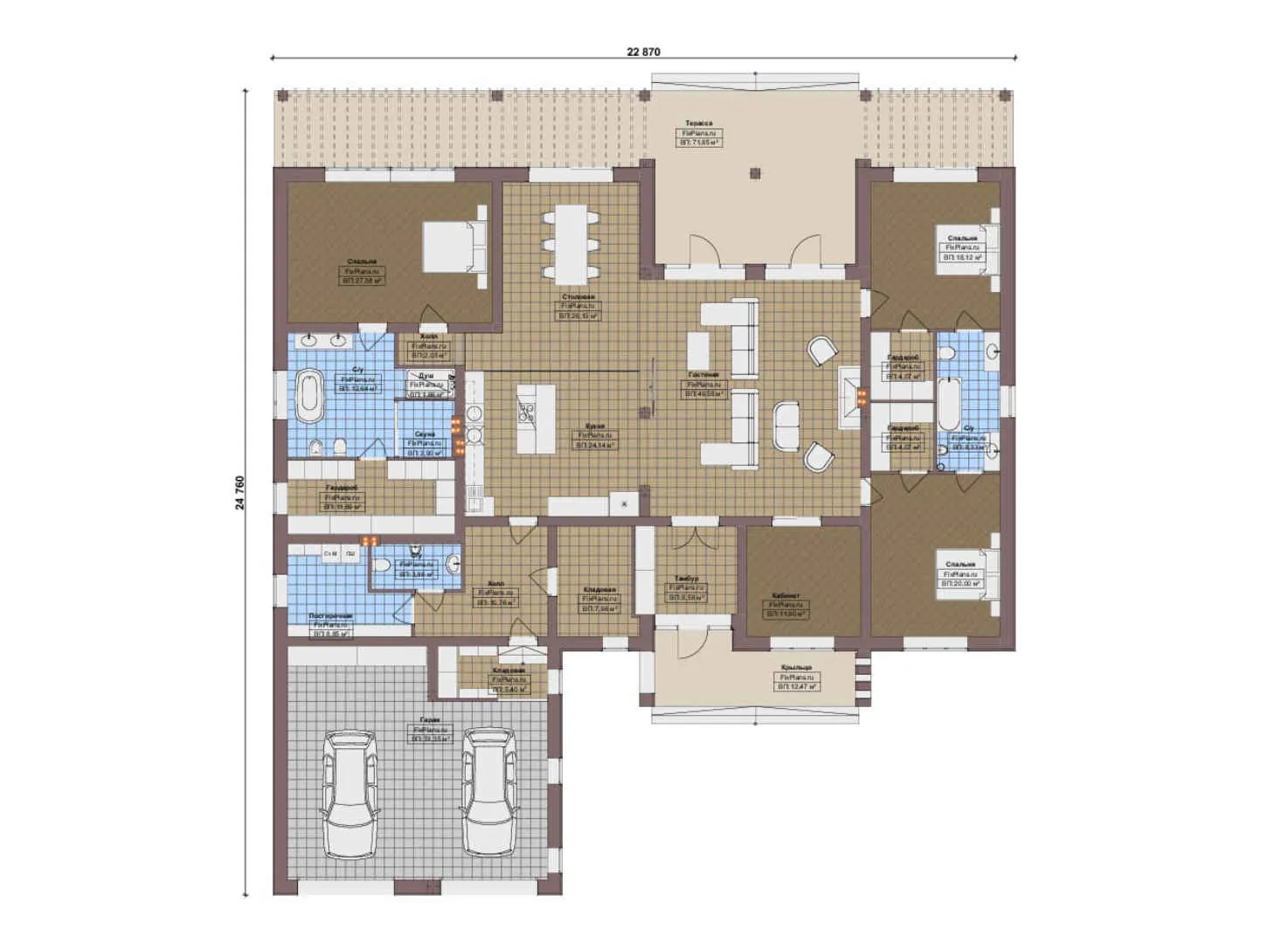 F-15281 - План одноэтажного дома 23 на 25, площадью 410 м² с террасой, баней, гаражом на 2 машины и 3 спальнями