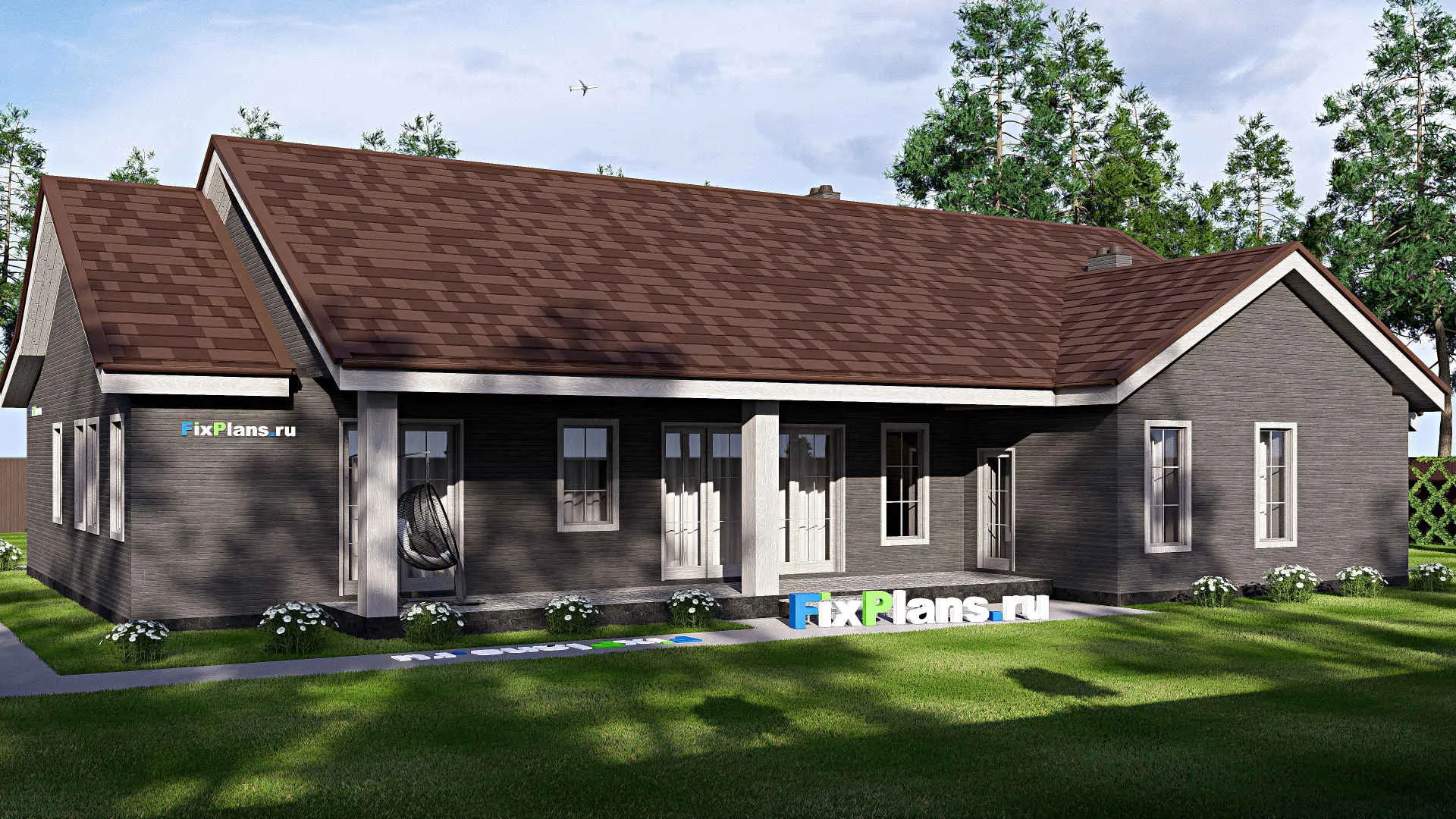 F-17117 - План одноэтажного дома 18 на 23, площадью 270 м² с террасой, гаражом на 2 машины и 4 спальнями