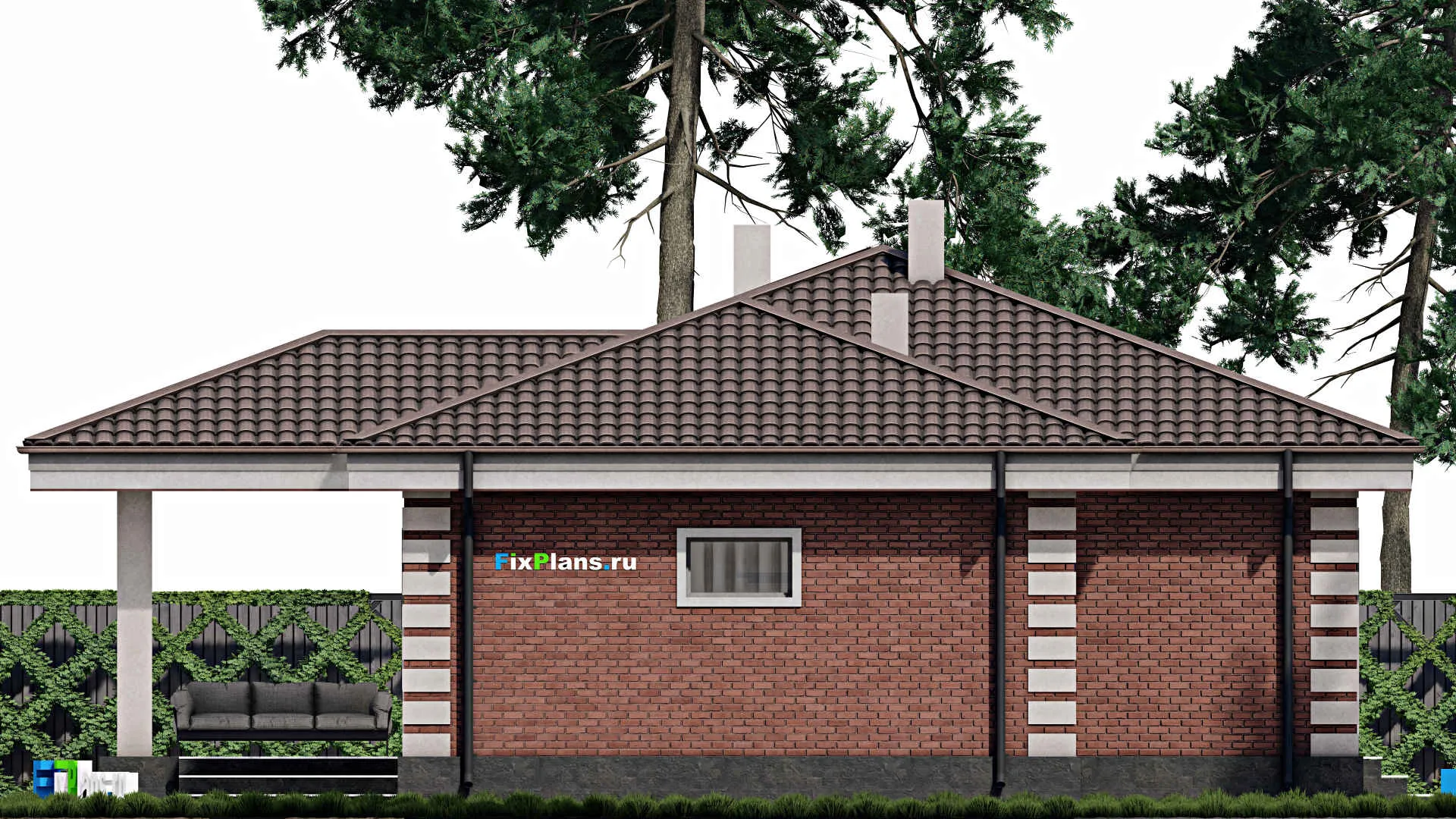 F-0827 - Проект одноэтажного дома 11 на 18, площадью 150 м² с террасой, гаражом на 1 машину и 3 спальнями