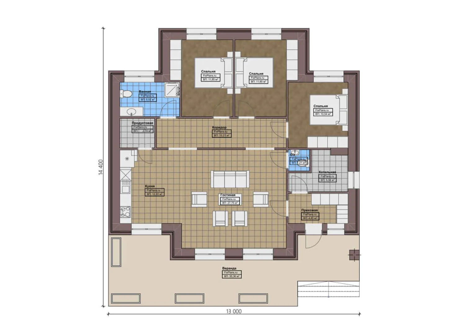 F-0125 - План одноэтажного дома 13 на 15, площадью 140 м² с террасой и 3 спальнями