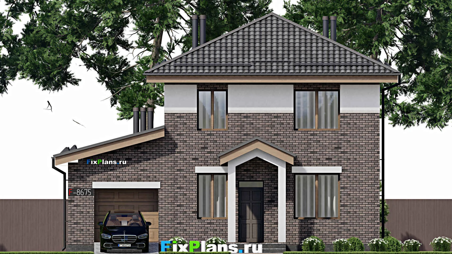 F-8675 - Проект двухэтажного дома 9 на 11, площадью 170 м² с террасой, гаражом на 1 машину и 3 спальнями