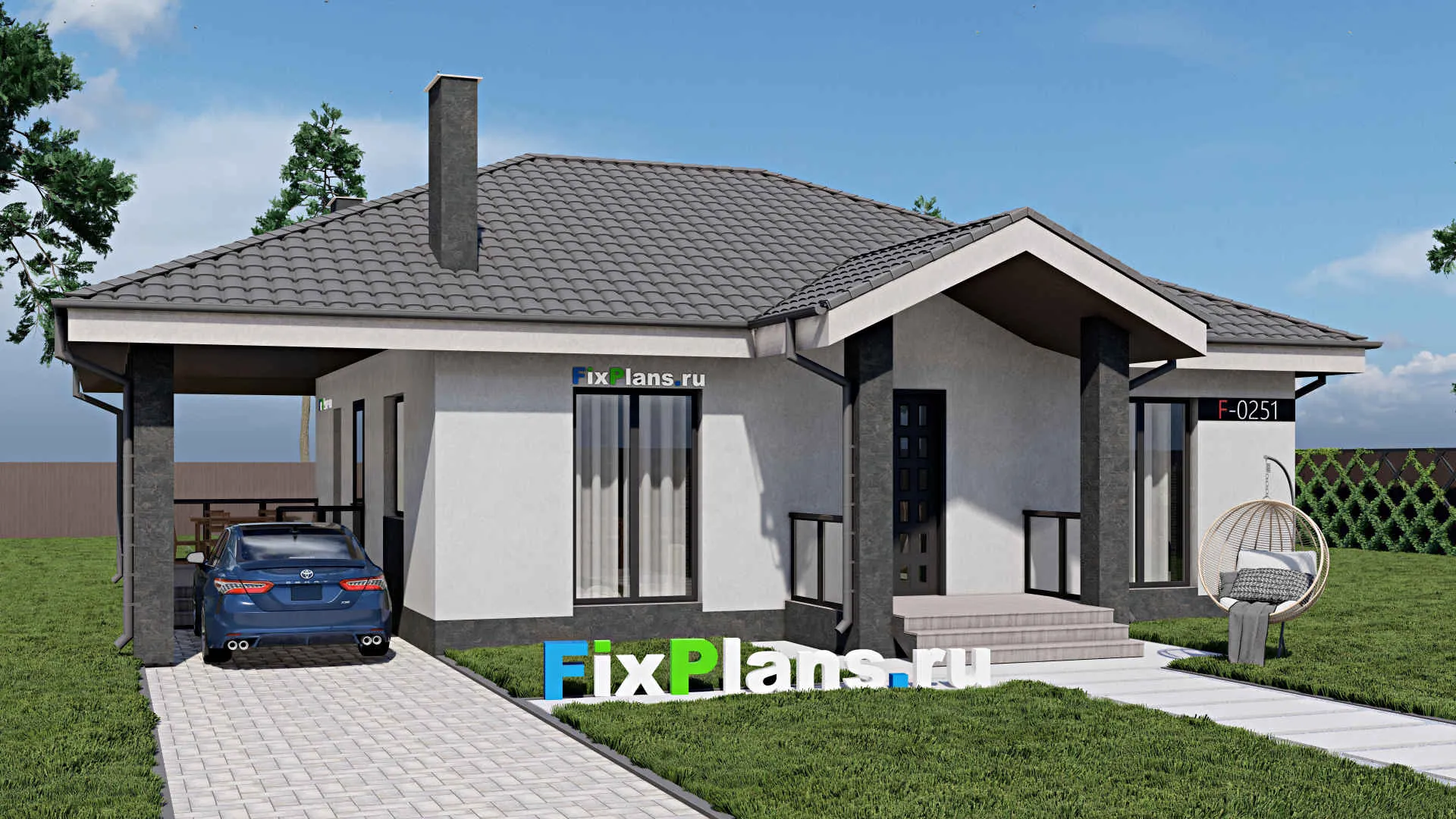 F-0251 - Проект одноэтажного дома 11 на 12, площадью 130 м² с террасой и 3 спальнями