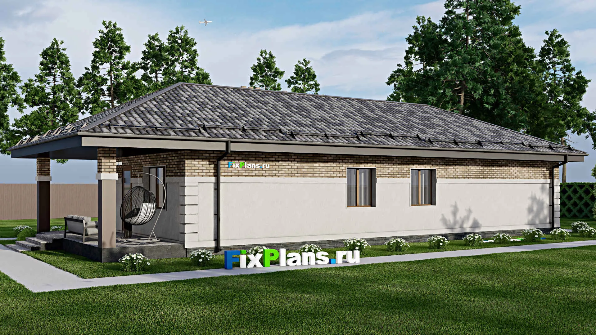 F-8810 - План одноэтажного дома 10 на 22, площадью 150 м² с террасой и 4 спальнями