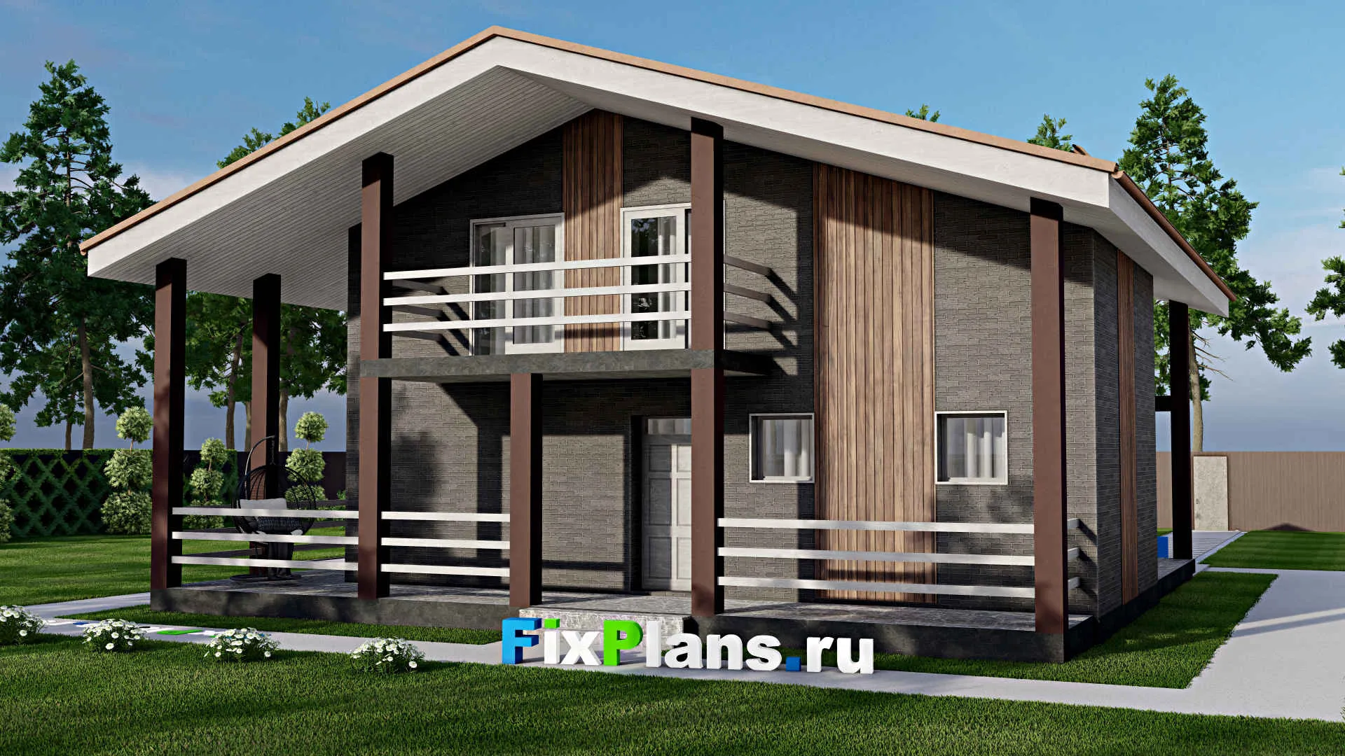 F-8405 - Проект дома с мансардой 13 на 13, площадью 190 м² с террасой, балконом, баней и 2 спальнями