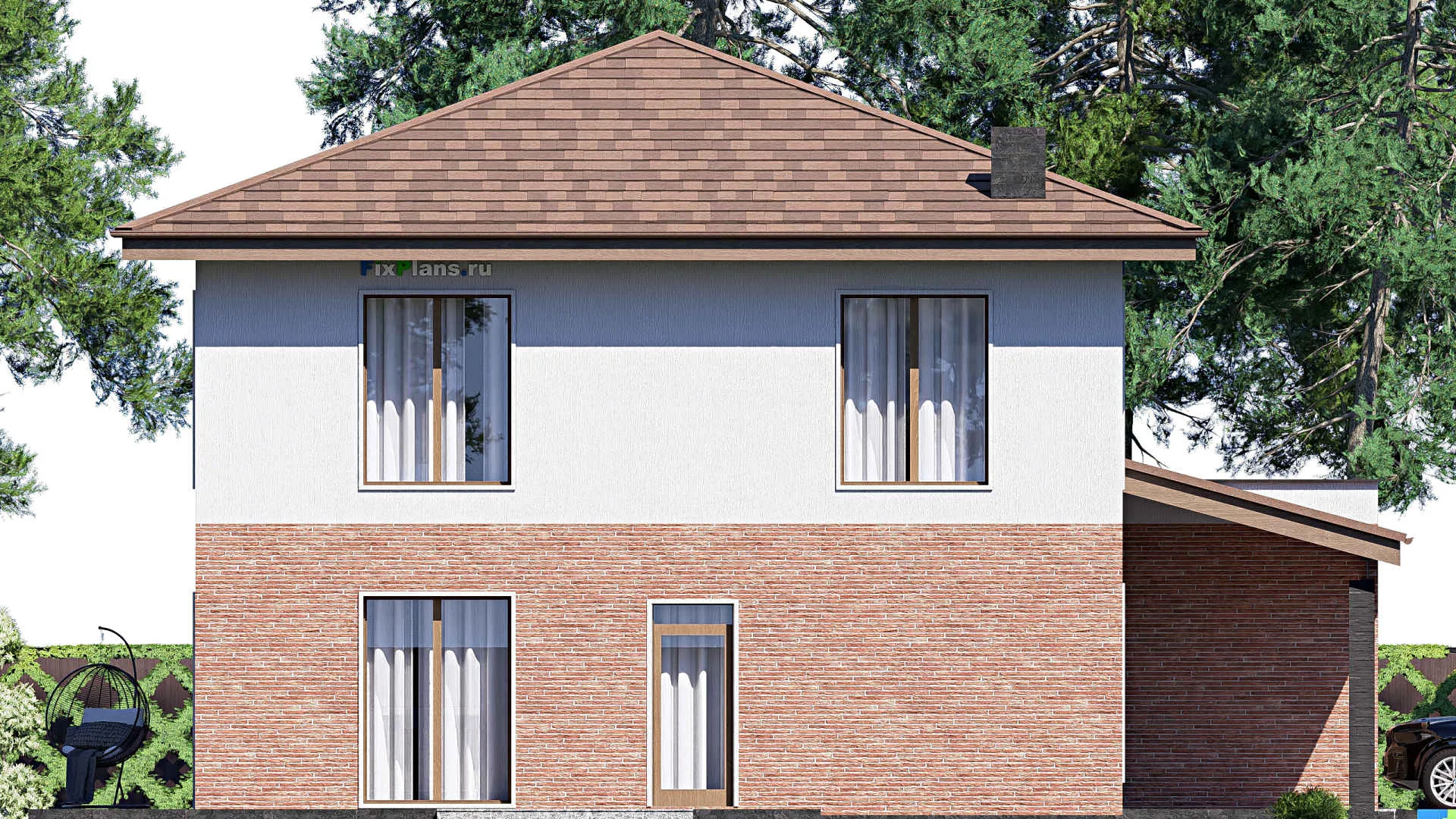 F-18827 - Проект двухэтажного дома 16 на 17, площадью 310 м² с террасой, баней, гаражом на 2 машины и 3 спальнями