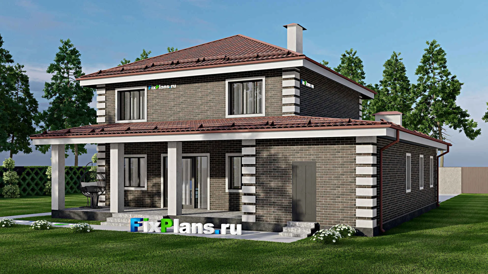 F-6803 - Проект двухэтажного дома 15 на 16, площадью 250 м² с террасой, гаражом на 1 машину и 4 спальнями