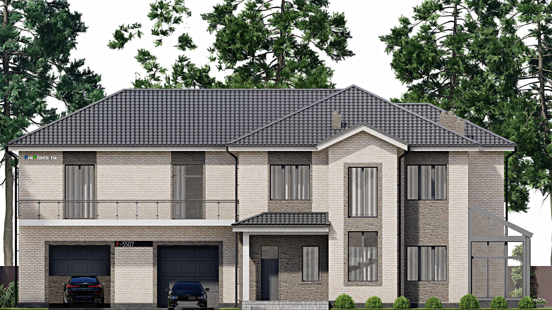 F-5507 - Проект двухэтажного дома 17 на 25, площадью 500 м² с террасой, балконом, гаражом на 2 машины и 4 спальнями