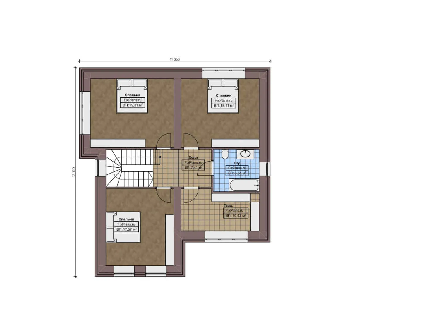 F-2213 - Планы двухэтажного дома 13 на 16, площадью 240 м² с террасой, гаражом на 1 машину и 3 спальнями