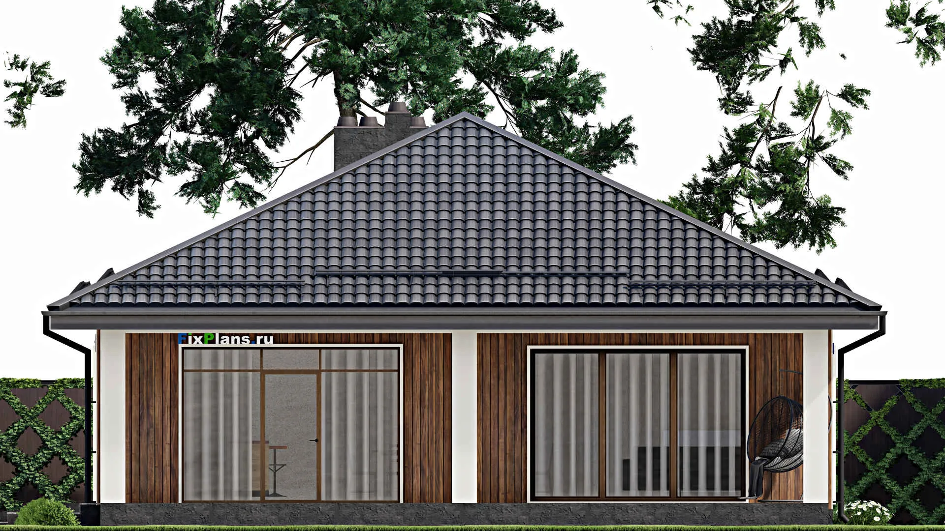 F-8630 - Проект одноэтажного дома 12 на 23, площадью 220 м² с террасой, гаражом на 1 машину и 3 спальнями