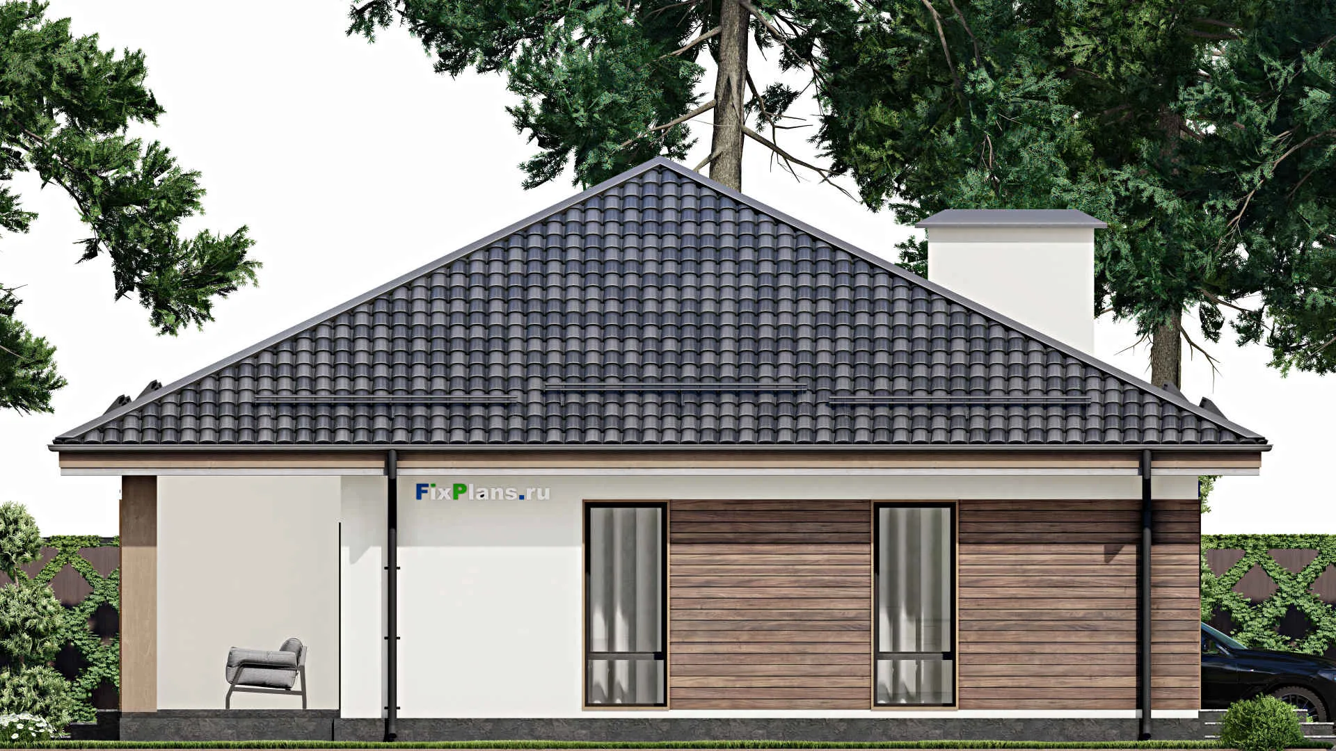 F-5633 - План одноэтажного дома 13 на 15, площадью 140 м² с террасой и 3 спальнями