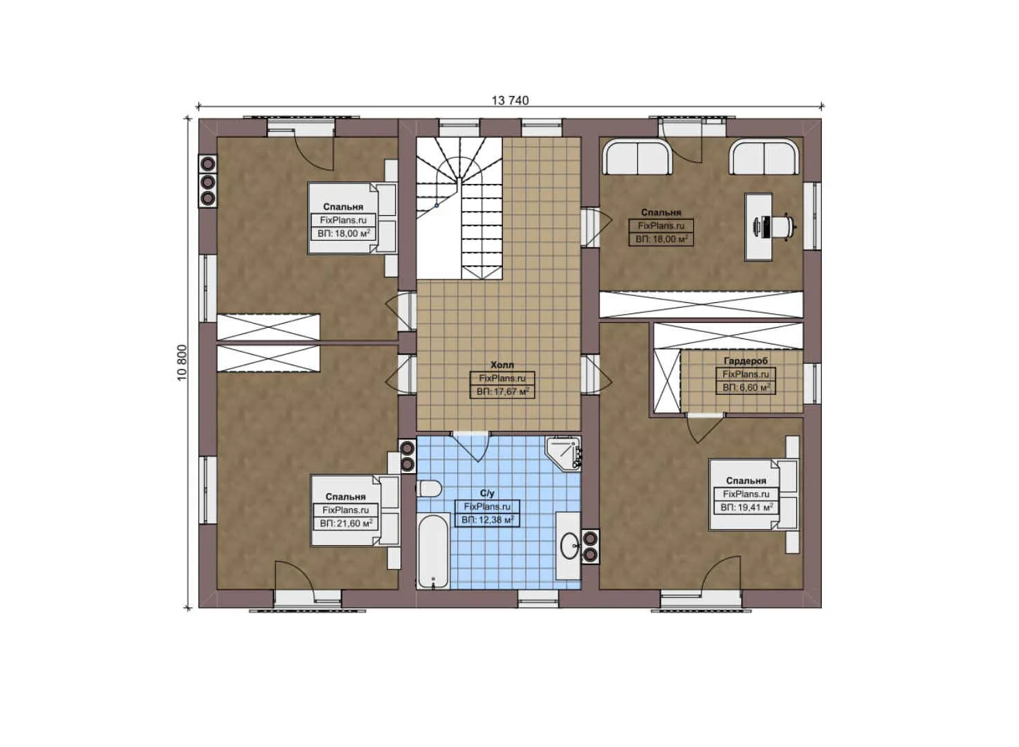 F-4634 - Планы двухэтажного дома 11 на 14, площадью 240 м² с гаражом на 1 машину и 5 спальнями
