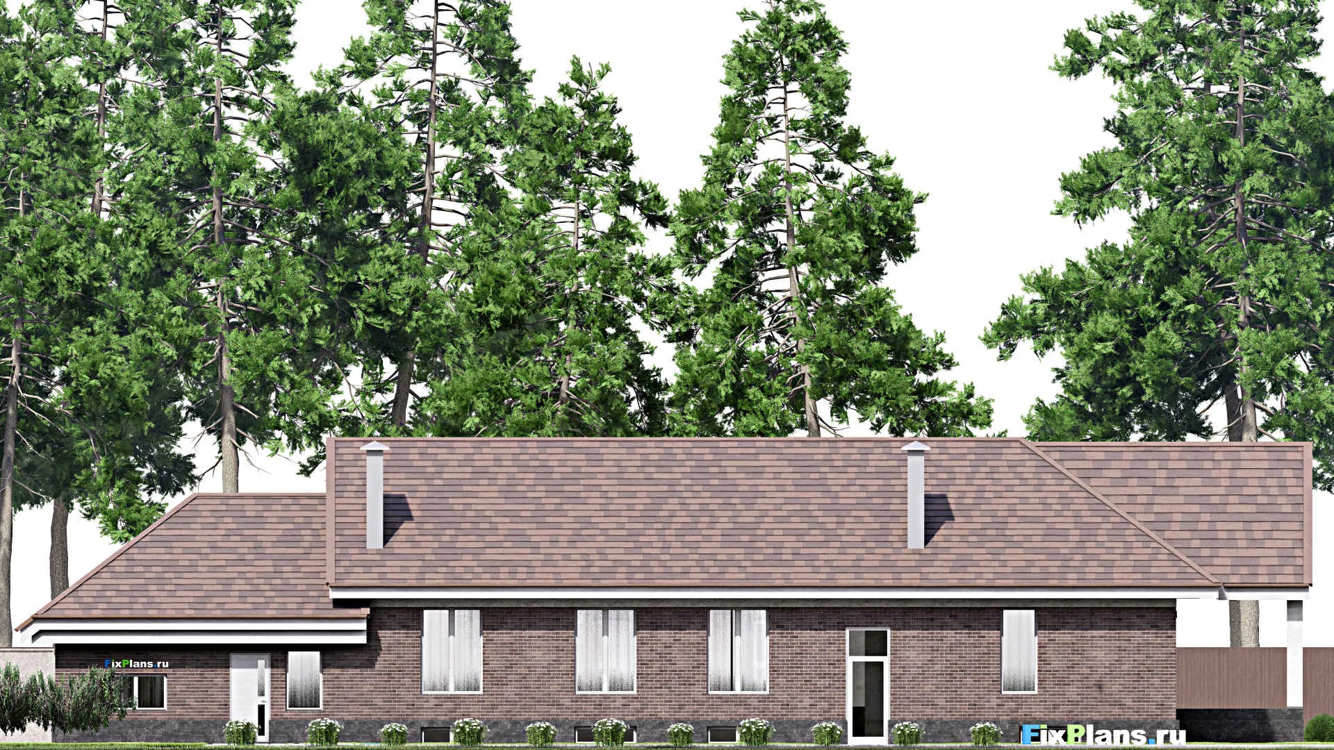 F-14453 - Проект одноэтажного дома 13 на 31, площадью 480 м² с террасой, цокольным этажом, гаражом на 2 машины и 4 спальнями