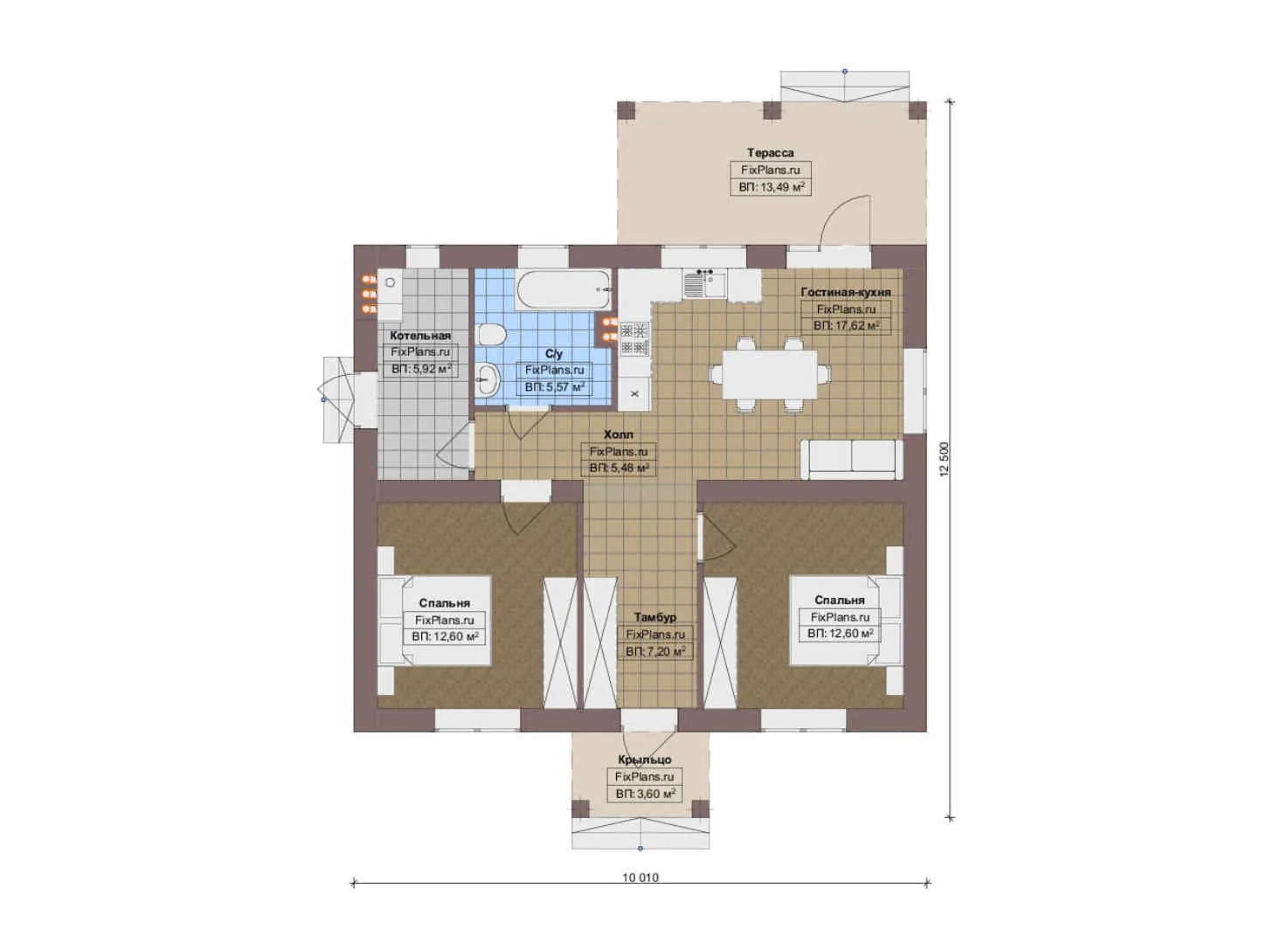 F-14138 - План одноэтажного дома 11 на 13, площадью 90 м² с террасой и 2 спальнями