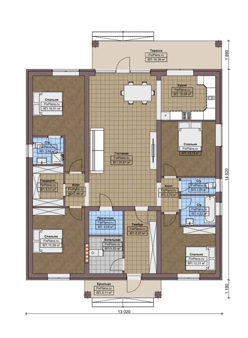 F-7829 - План одноэтажного дома 14 на 15, площадью 170 м² с террасой и 4 спальнями