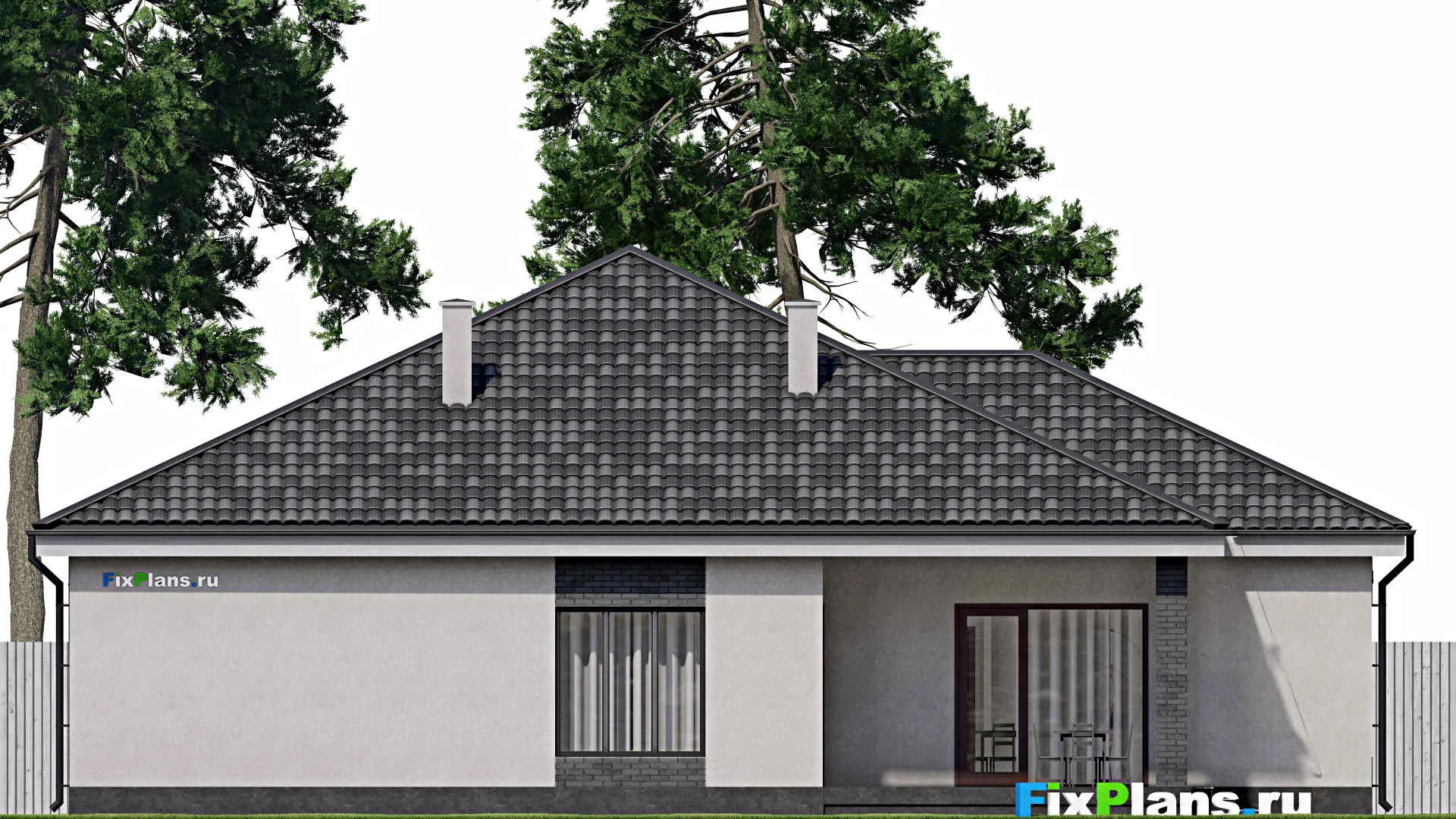 F-1745 - Проект одноэтажного дома 16 на 18, площадью 210 м² с террасой, баней и 2 спальнями