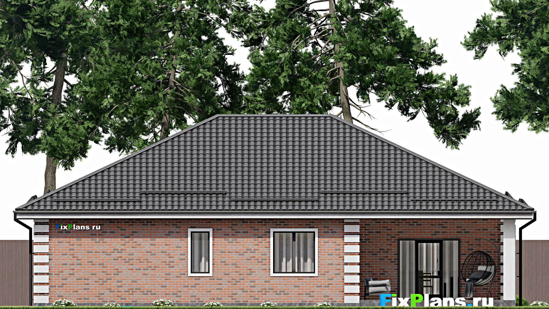 F-3365 - Проект одноэтажного дома 17 на 20, площадью 230 м² с террасой, гаражом на 2 машины и 3 спальнями