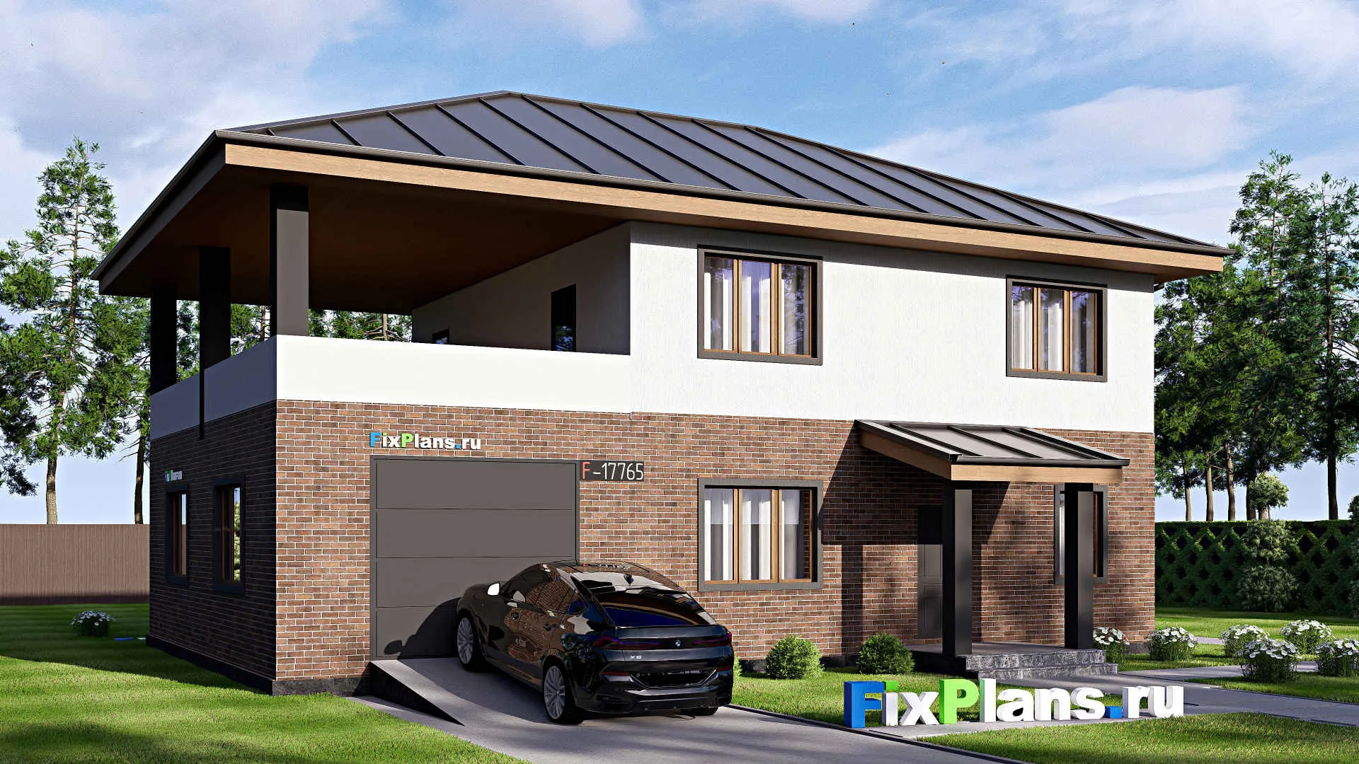 F-17765 - Проект двухэтажного дома 15 на 16, площадью 270 м² с террасой, балконом, гаражом на 2 машины и 5 спальнями