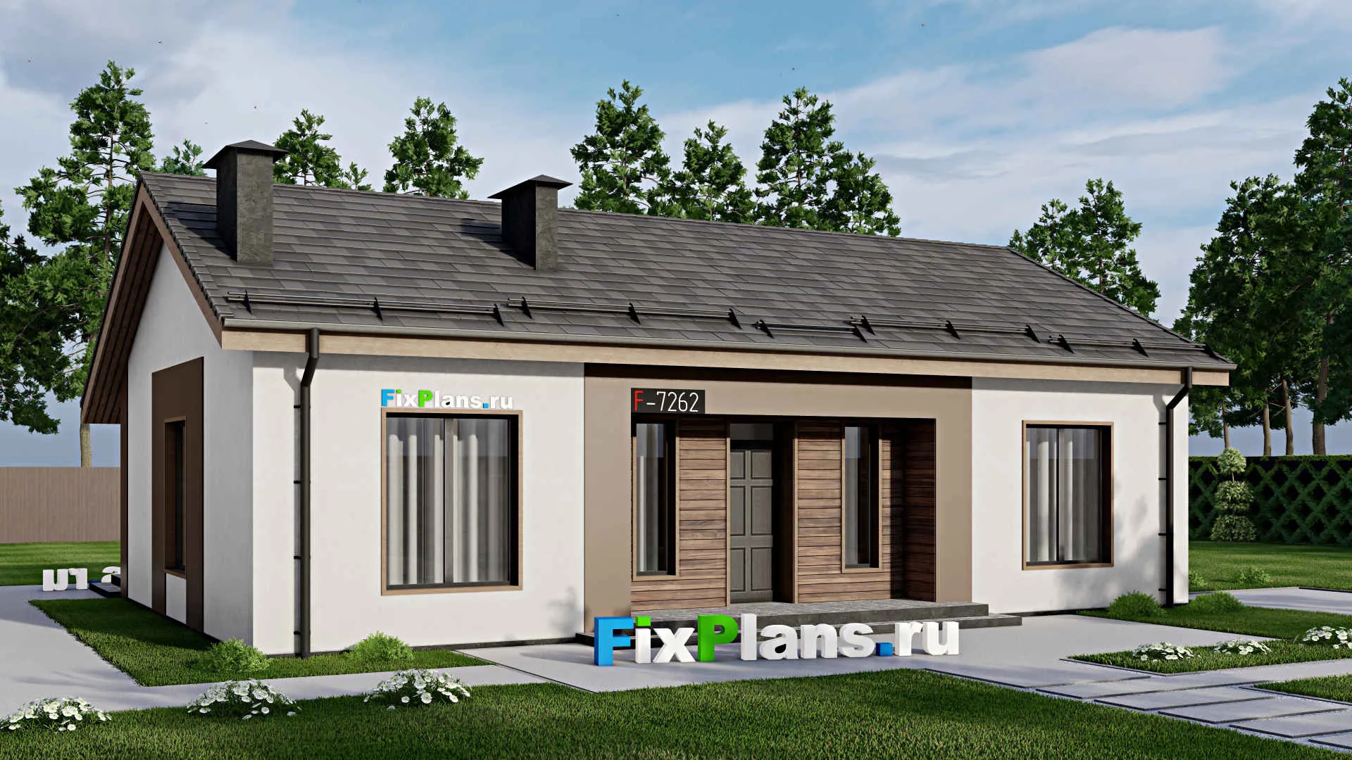 F-7262 - Проект одноэтажного дома 12 на 14, площадью 110 м² с террасой и 3 спальнями