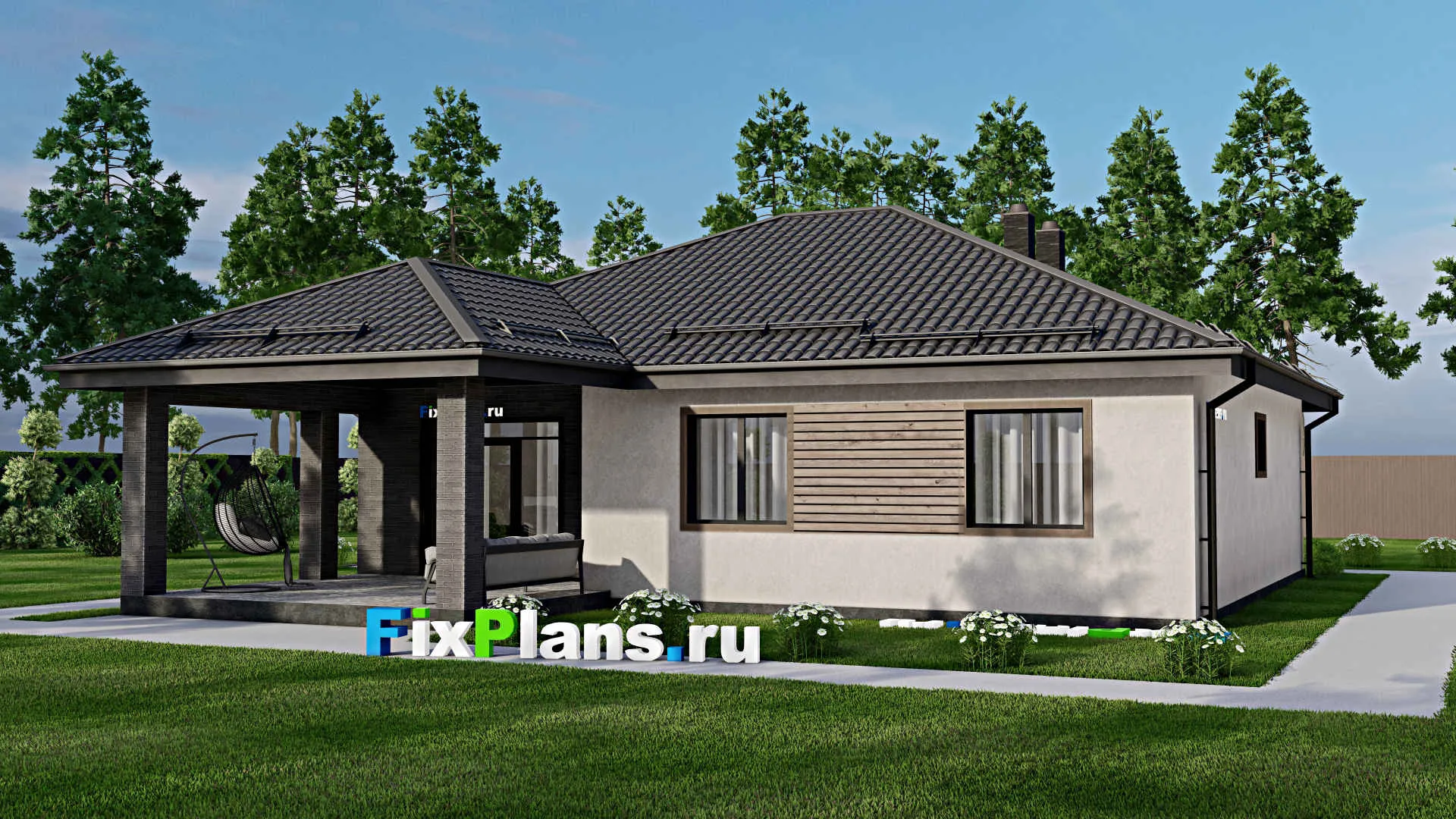 F-3095 - Проект одноэтажного дома 12 на 14, площадью 140 м² с террасой и 3 спальнями