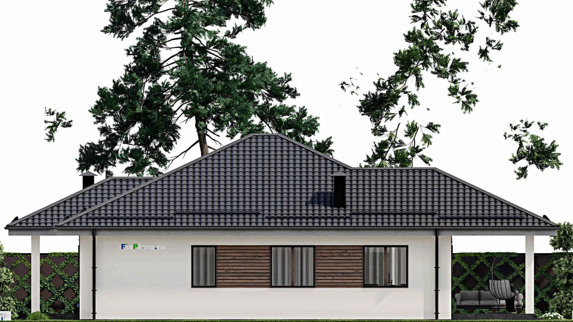 F-4355 - Проект одноэтажного дома 13 на 14, площадью 160 м² с террасой и 3 спальнями