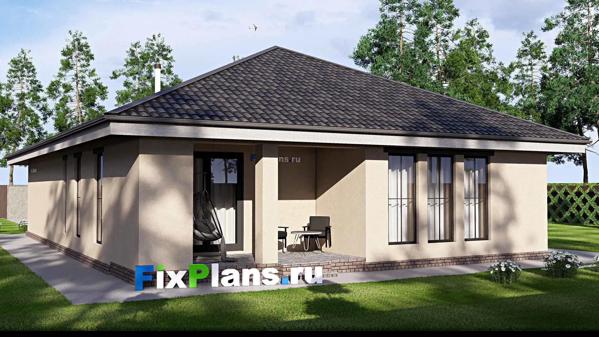 F-20438 - Проект одноэтажного дома 13 на 20, площадью 200 м² с террасой, гаражом на 1 машину и 3 спальнями