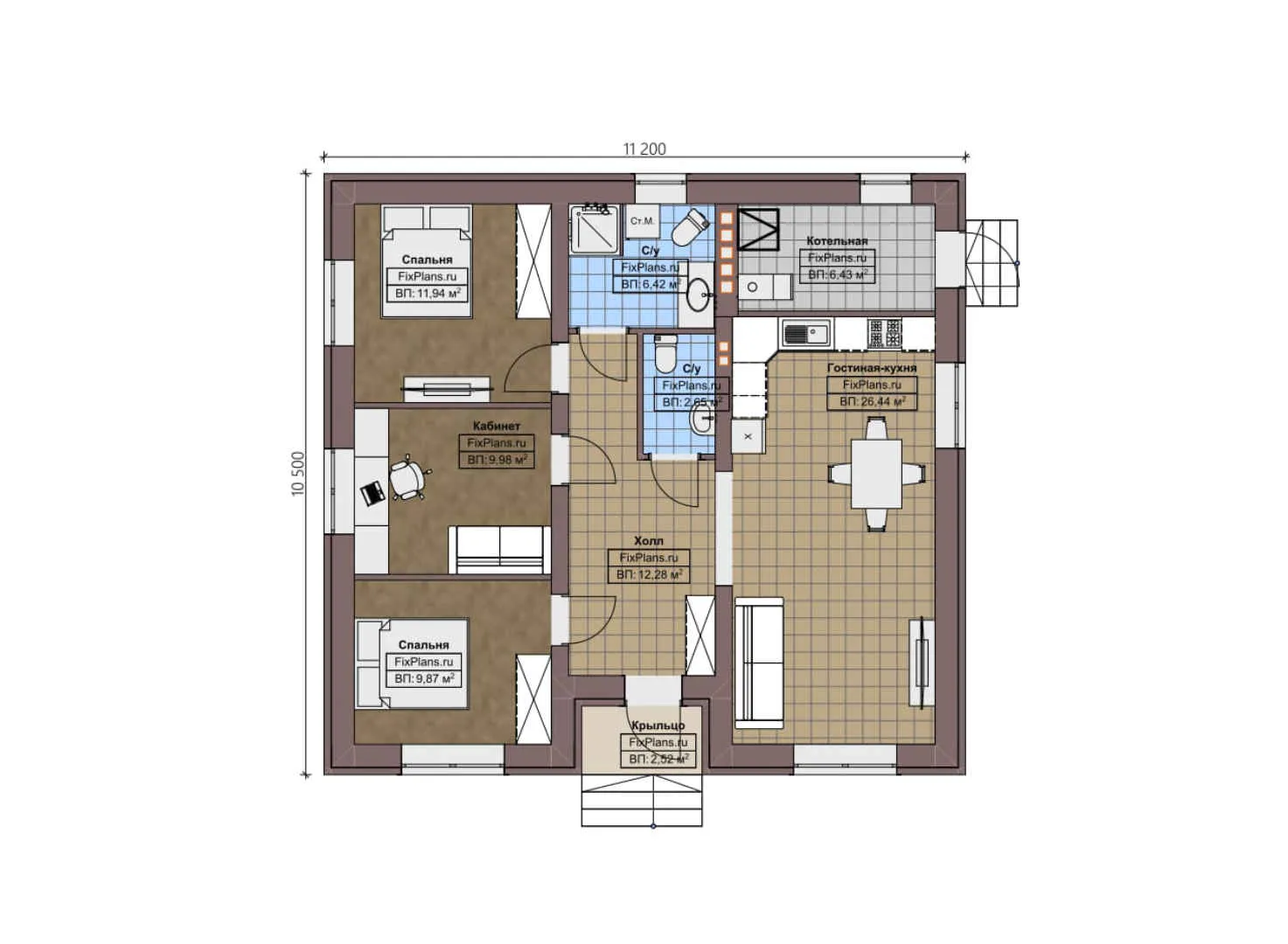 F-4589 - План одноэтажного дома 11 на 12, площадью 90 м² с 2 спальнями