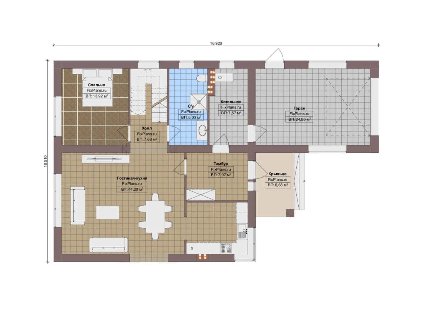 F-13256 - Планы дома с мансардой 11 на 17, площадью 240 м² с террасой, гаражом на 1 машину и 4 спальнями