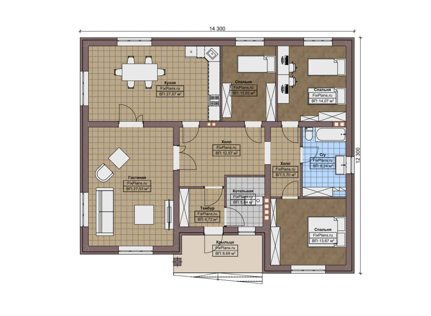 F-8819 - План одноэтажного дома 13 на 15, площадью 140 м² с 3 спальнями