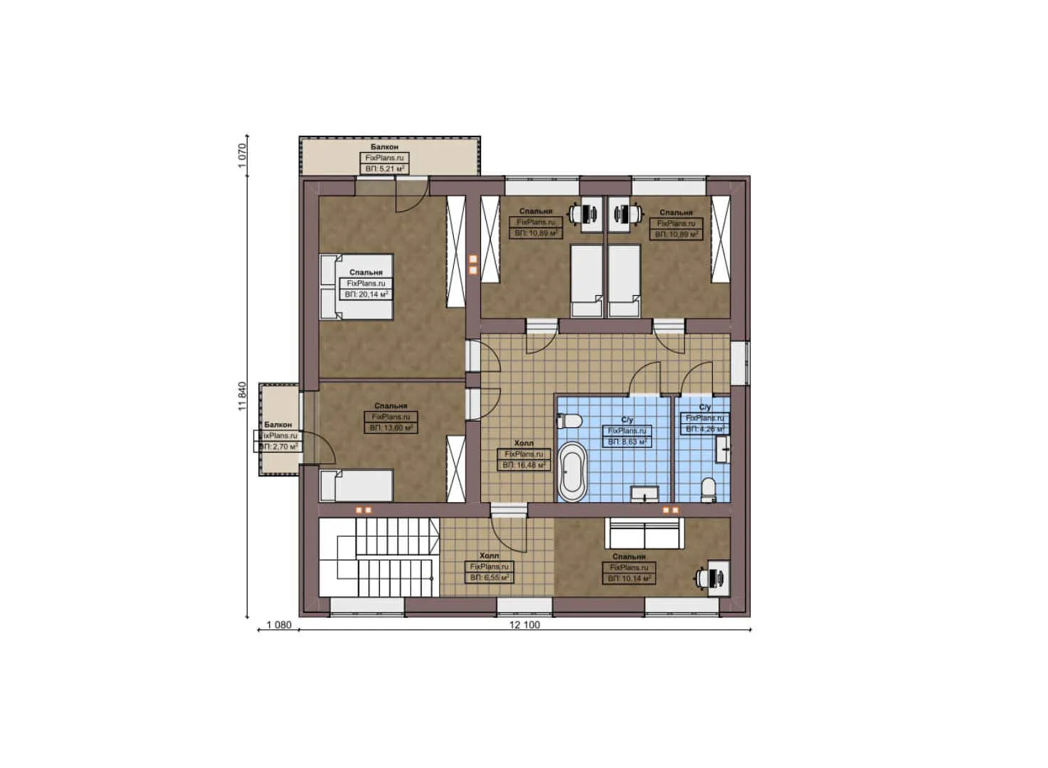 F-4967 - Планы двухэтажного дома 17 на 17, площадью 290 м² с террасой, балконом, гаражом на 2 машины и 7 спальнями
