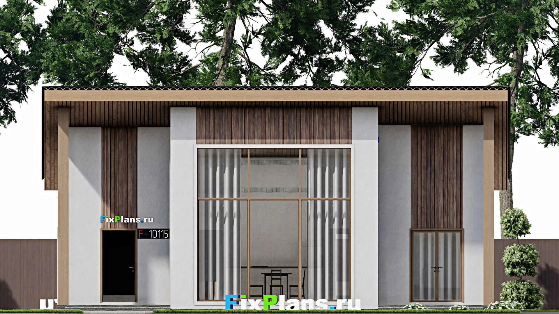 F-10115 - Проект одноэтажного дома 11 на 13, площадью 120 м² с террасой и 4 спальнями