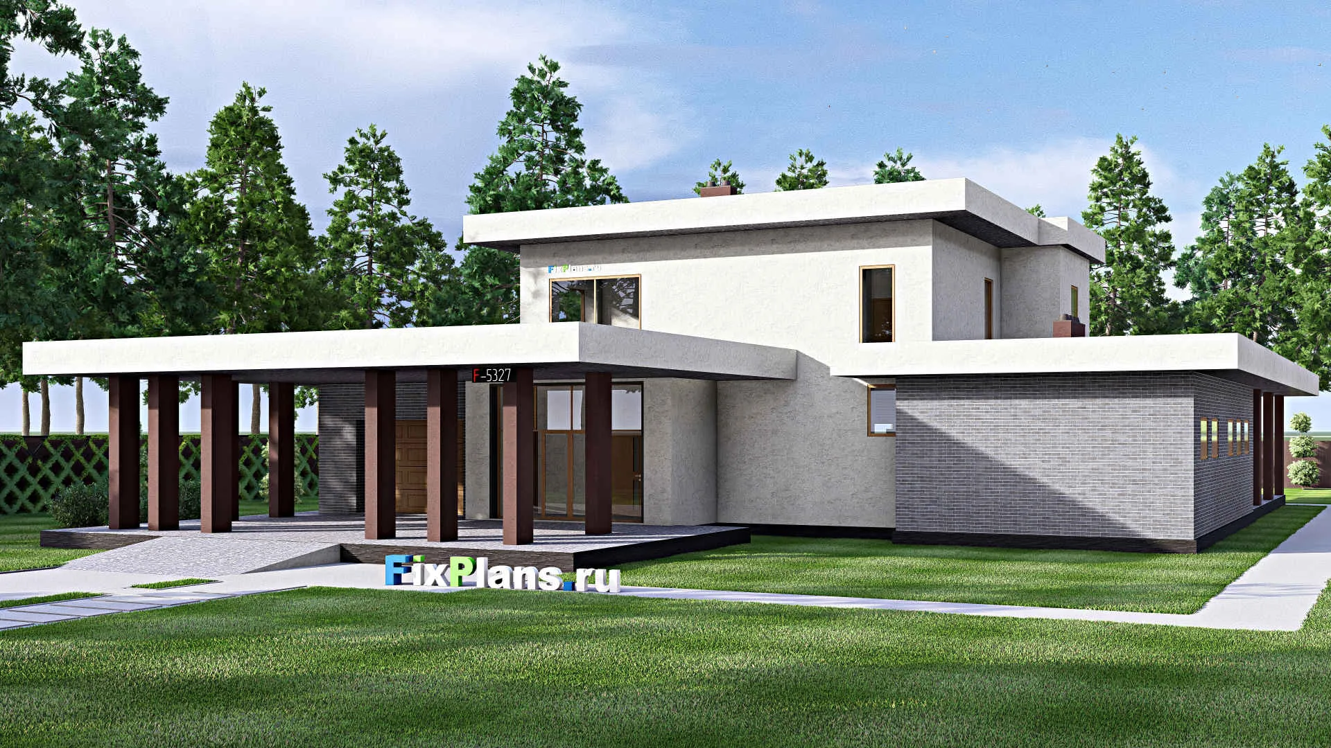 F-5327 - Проект двухэтажного дома 22 на 33, площадью 360 м² с террасой, баней, гаражом на 2 машины и 3 спальнями