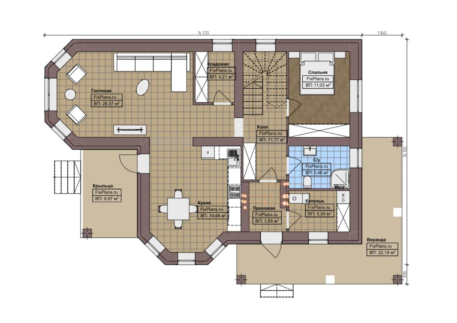 F-1592 - Планы дома с мансардой 11 на 15, площадью 210 м² с террасой и 5 спальнями