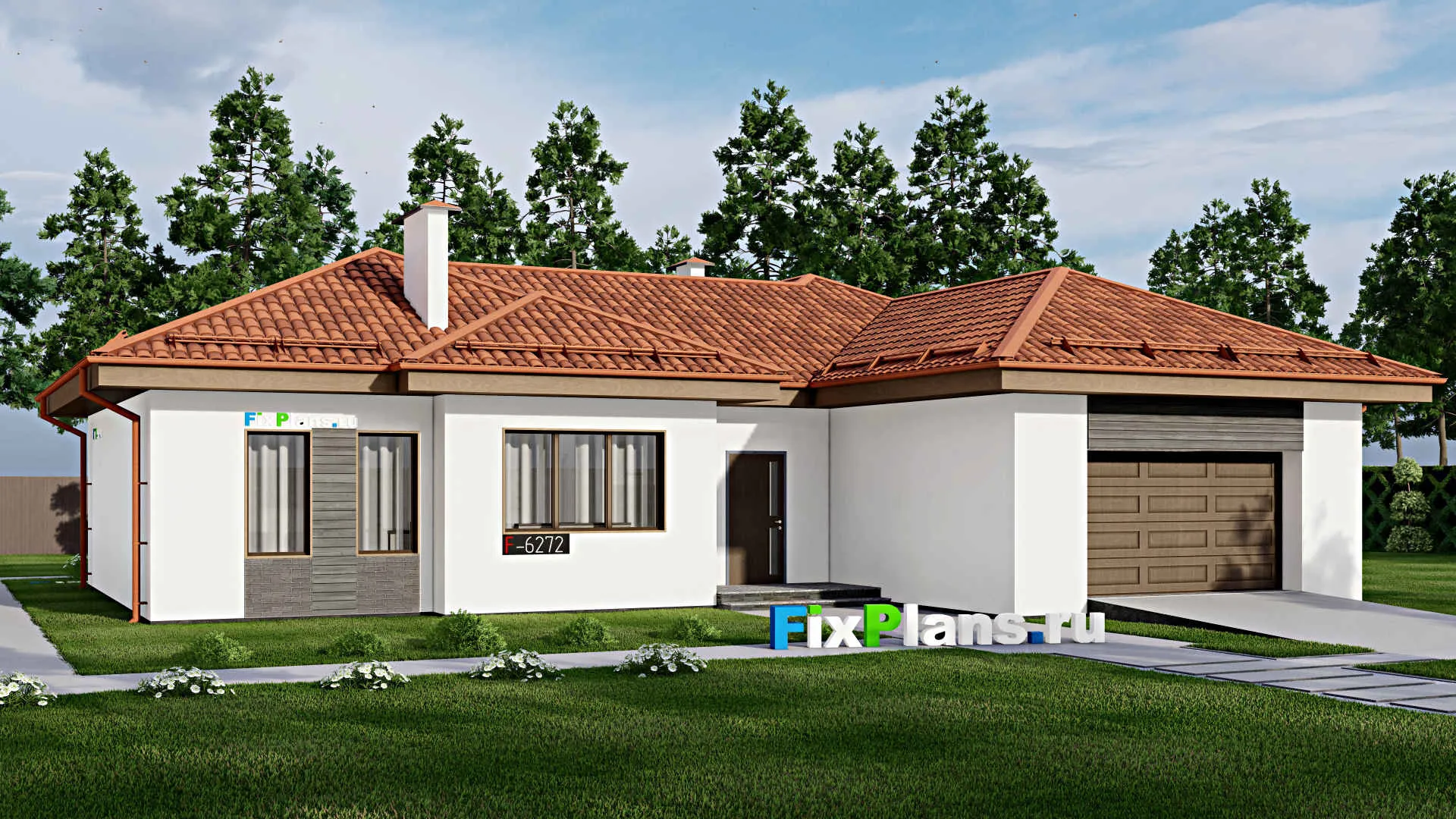 F-6272 - Проект одноэтажного дома 17 на 18, площадью 170 м² с террасой, гаражом на 1 машину и 3 спальнями