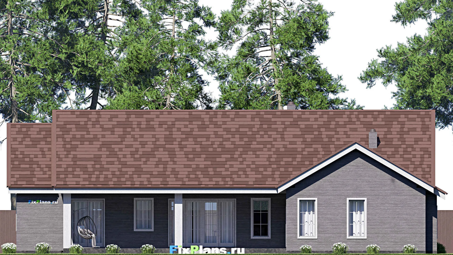 F-17117 - План одноэтажного дома 18 на 23, площадью 270 м² с террасой, гаражом на 2 машины и 4 спальнями